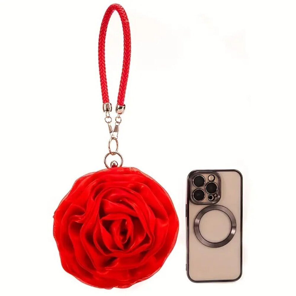 Prom / Wedding Red Rose Satin Clutch Elegant Floral Evening Bag w/ Handle - Picture 9 of 12